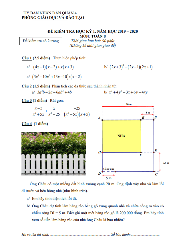 Đề thi học kỳ 1 Toán 8 năm 2019 – 2020 phòng GD&ĐT Quận 4 – TP HCM