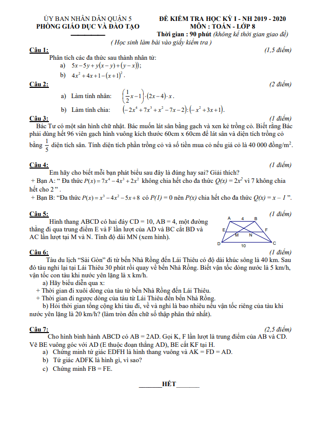 Đề thi học kỳ 1 Toán 8 năm 2019 – 2020 phòng GD&ĐT Quận 5 – TP HCM