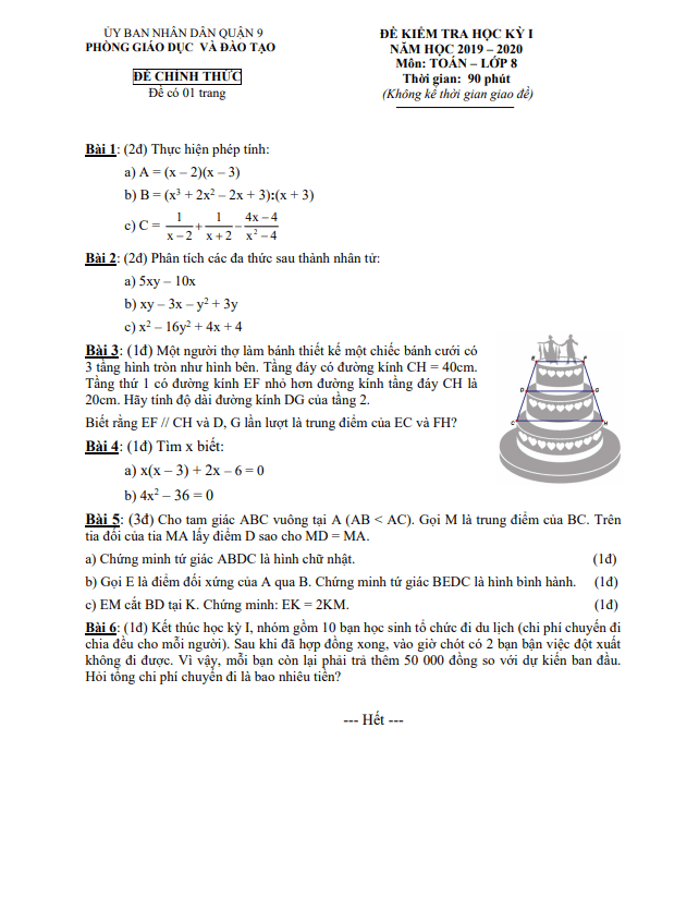 Đề thi học kỳ 1 Toán 8 năm 2019 – 2020 phòng GD&ĐT Quận 9 – TP HCM