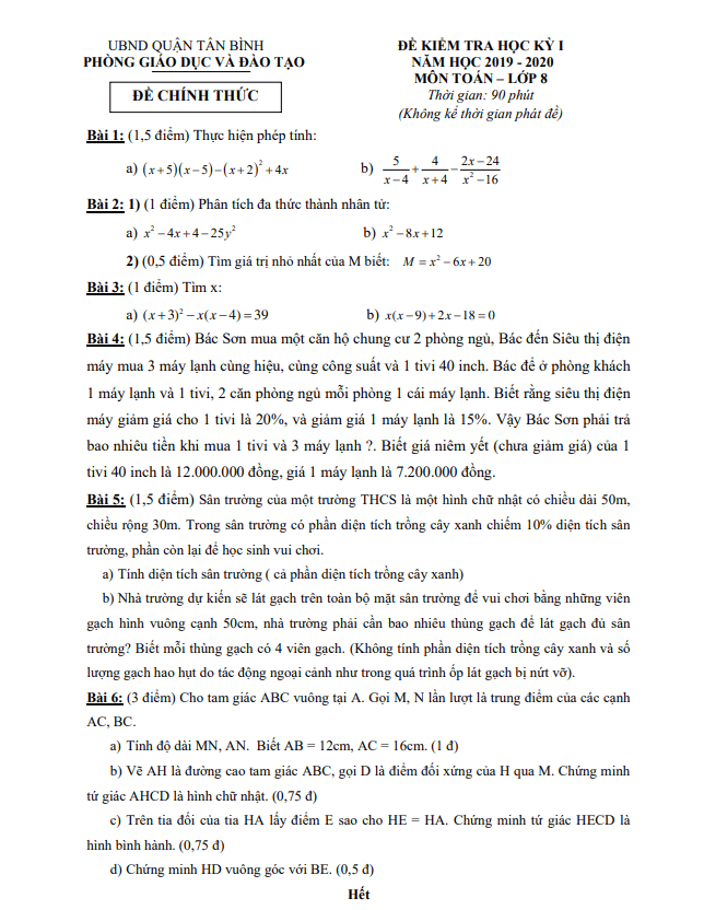 Đề thi học kỳ 1 Toán 8 năm 2019 – 2020 phòng GD&ĐT Tân Bình – TP HCM