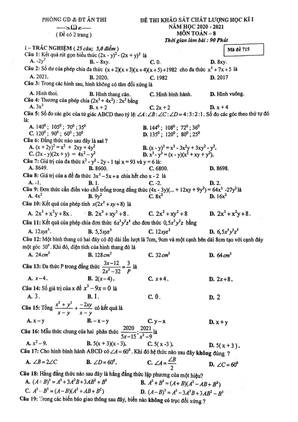 Đề thi học kỳ 1 Toán 8 năm 2020 – 2021 phòng GD&ĐT Ân Thi – Hưng Yên