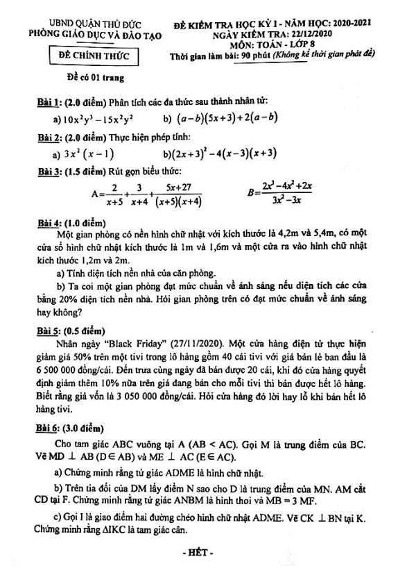 Đề thi học kỳ 1 Toán 8 năm 2020 – 2021 phòng GD&ĐT Thủ Đức – TP HCM