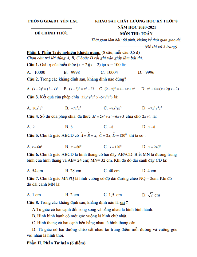 Đề thi học kỳ 1 Toán 8 năm 2020 – 2021 phòng GD&ĐT Yên Lạc – Vĩnh Phúc