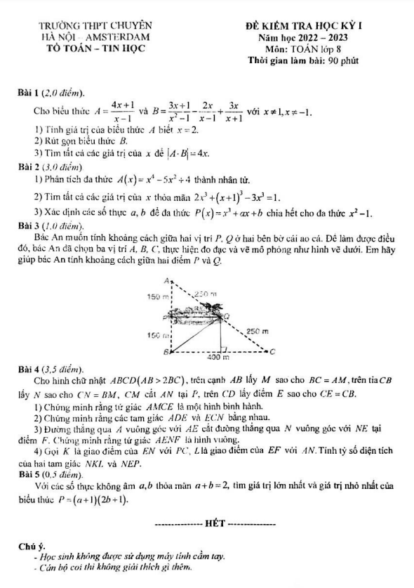 Đề thi học kỳ 1 Toán 8 năm 2022 – 2023 trường THPT chuyên Hà Nội – Amsterdam