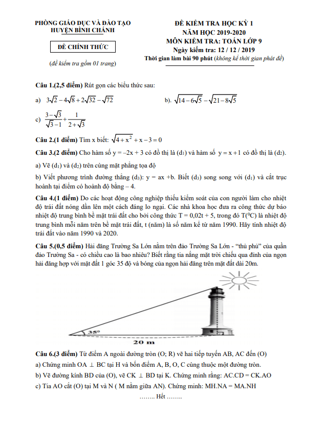 Đề thi học kỳ 1 Toán 9 năm 2019 – 2020 phòng GD&ĐT Bình Chánh – TP HCM