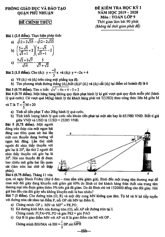 Đề thi học kỳ 1 Toán 9 năm 2019 – 2020 phòng GD&ĐT Phú Nhuận – TP HCM