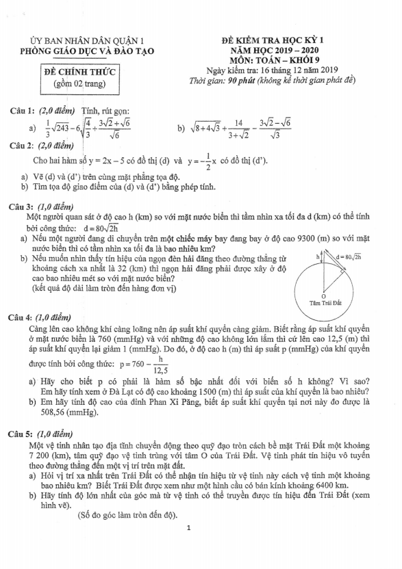 Đề thi học kỳ 1 Toán 9 năm 2019 – 2020 phòng GD&ĐT Quận 1 – TP HCM