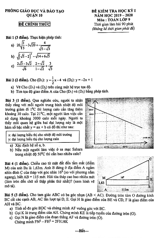Đề thi học kỳ 1 Toán 9 năm 2019 – 2020 phòng GD&ĐT Quận 10 – TP HCM
