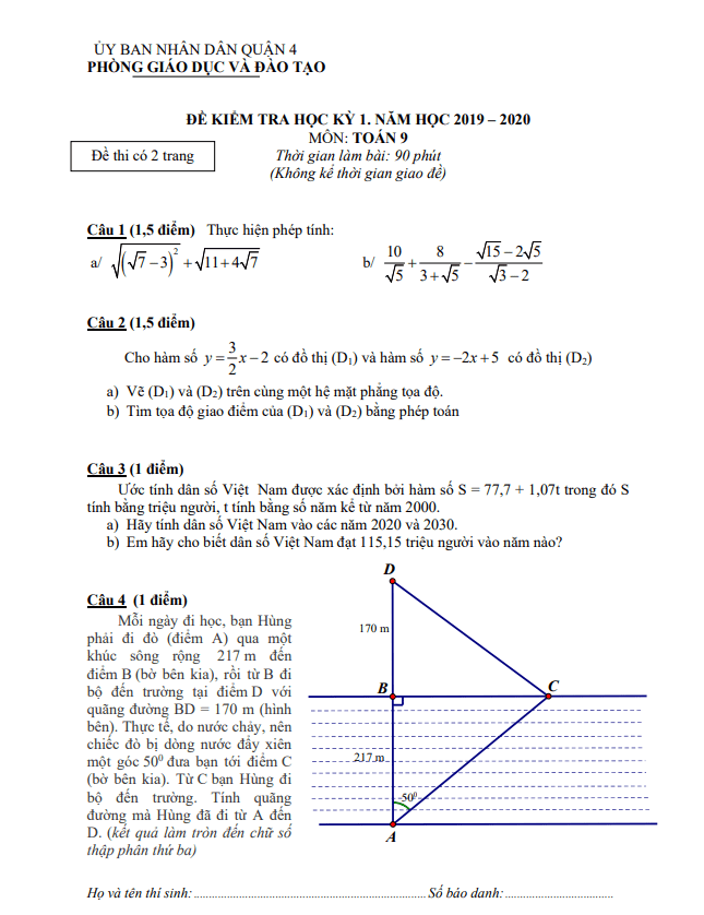 Đề thi học kỳ 1 Toán 9 năm 2019 – 2020 phòng GD&ĐT Quận 4 – TP HCM