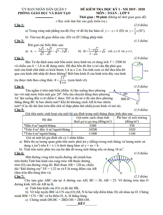 Đề thi học kỳ 1 Toán 9 năm 2019 – 2020 phòng GD&ĐT Quận 5 – TP HCM
