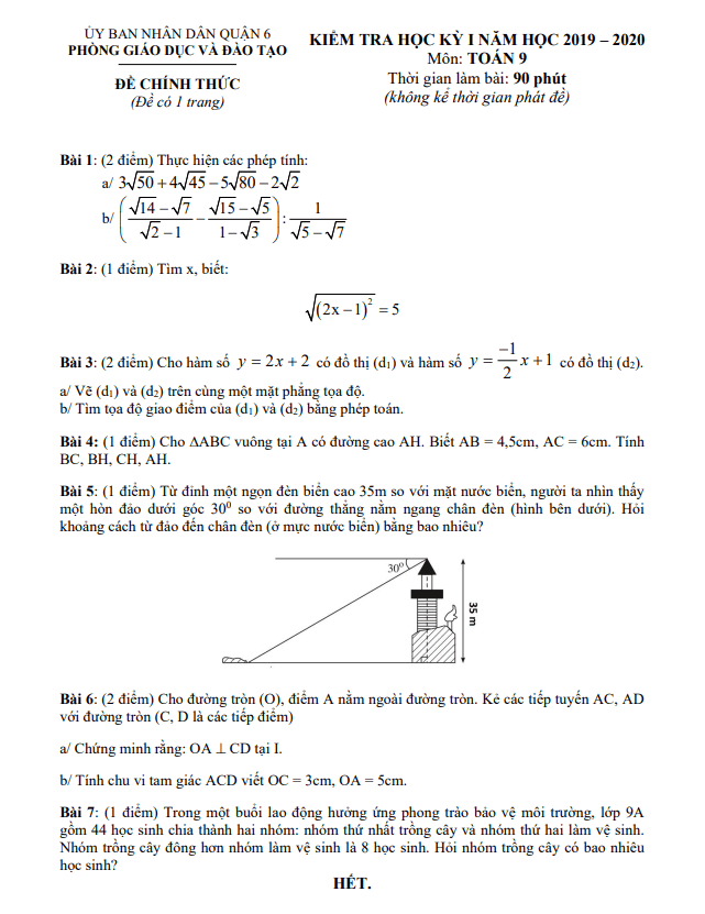 Đề thi học kỳ 1 Toán 9 năm 2019 – 2020 phòng GD&ĐT Quận 6 – TP HCM