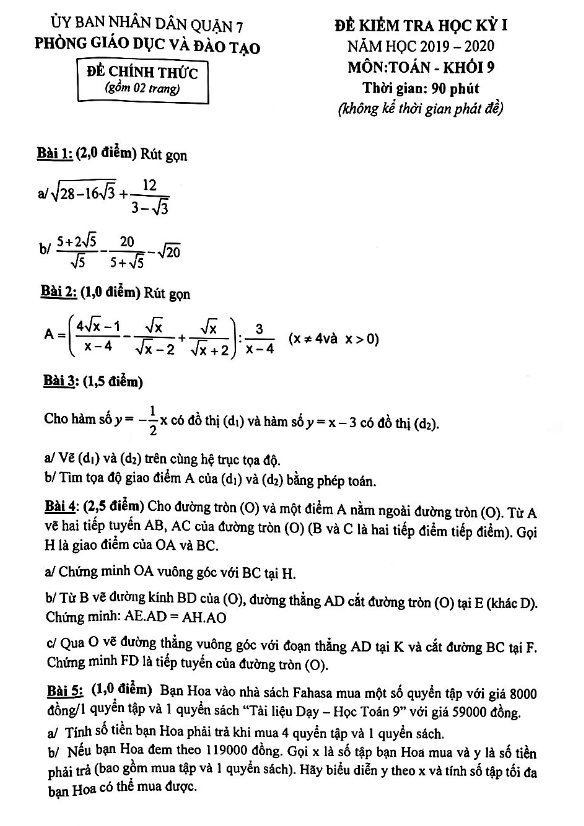 Đề thi học kỳ 1 Toán 9 năm 2019 – 2020 phòng GD&ĐT Quận 7 – TP HCM