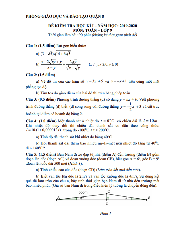 Đề thi học kỳ 1 Toán 9 năm 2019 – 2020 phòng GD&ĐT Quận 8 – TP HCM