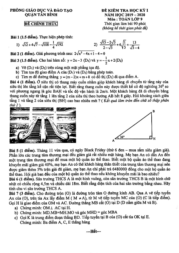 Đề thi học kỳ 1 Toán 9 năm 2019 – 2020 phòng GD&ĐT Tân Bình – TP HCM