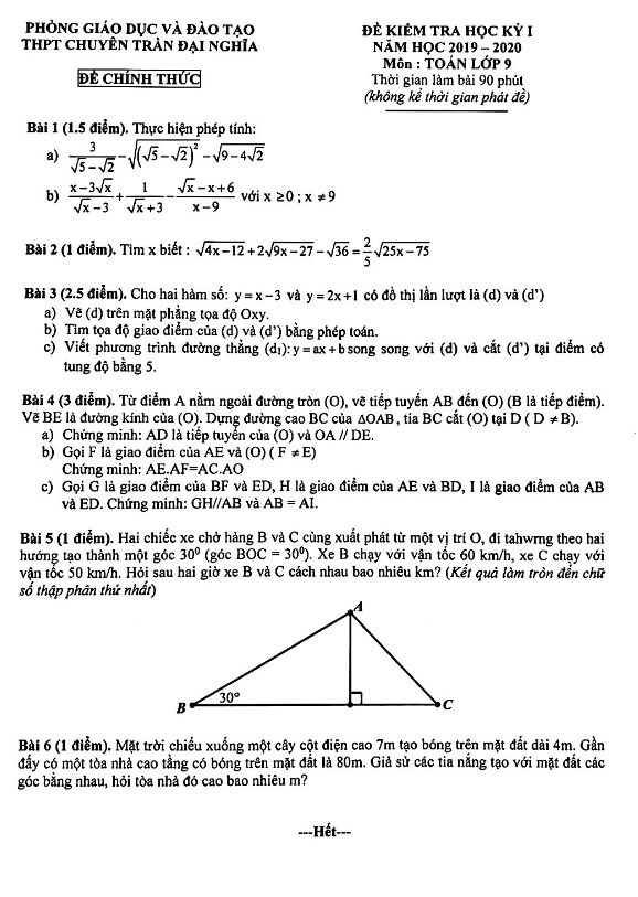 Đề thi học kỳ 1 Toán 9 năm 2019 – 2020 trường chuyên Trần Đại Nghĩa – TP HCM