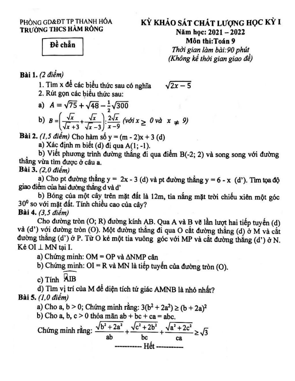 Đề thi học kỳ 1 Toán 9 năm 2021 – 2022 trường THCS Hàm Rồng – Thanh Hóa