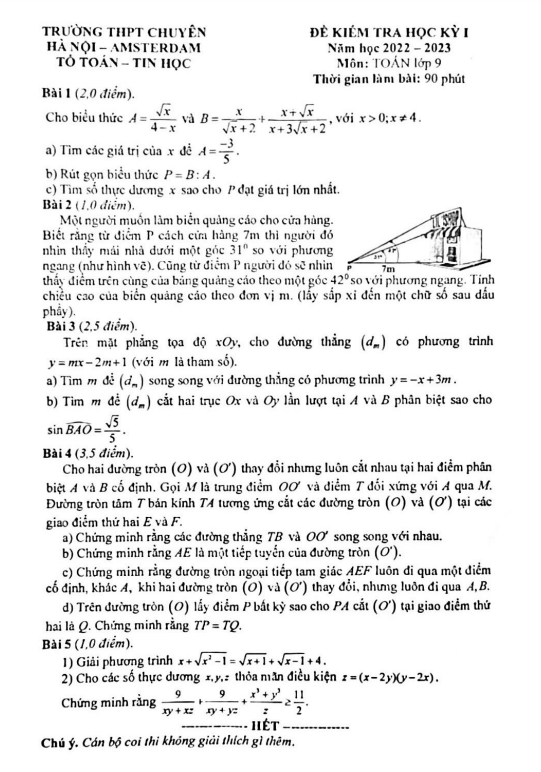 Đề thi học kỳ 1 Toán 9 năm 2022 – 2023 trường THPT chuyên Hà Nội – Amsterdam
