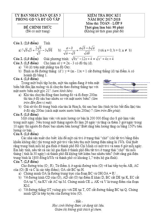 Đề thi học kỳ 1 Toán 9 năm học 2017 – 2018 phòng GD và ĐT Gò Vấp – TP. HCM