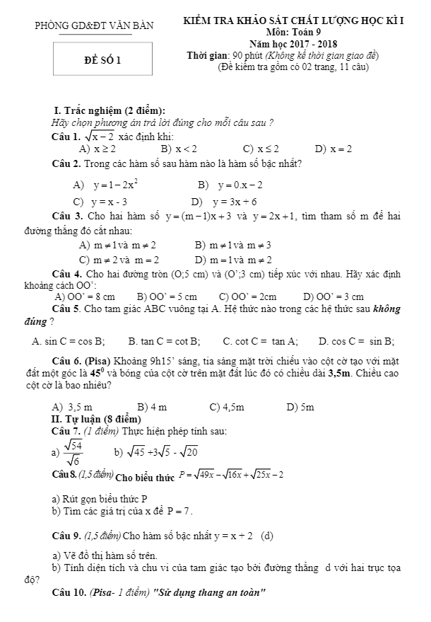 Đề thi học kỳ 1 Toán 9 năm học 2017 – 2018 phòng Giáo dục và Đào tạo Văn Bàn – Lào Cai