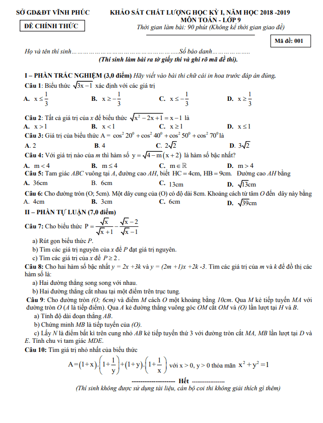 Đề thi học kỳ 1 Toán 9 năm học 2018 – 2019 sở GD&ĐT Vĩnh Phúc