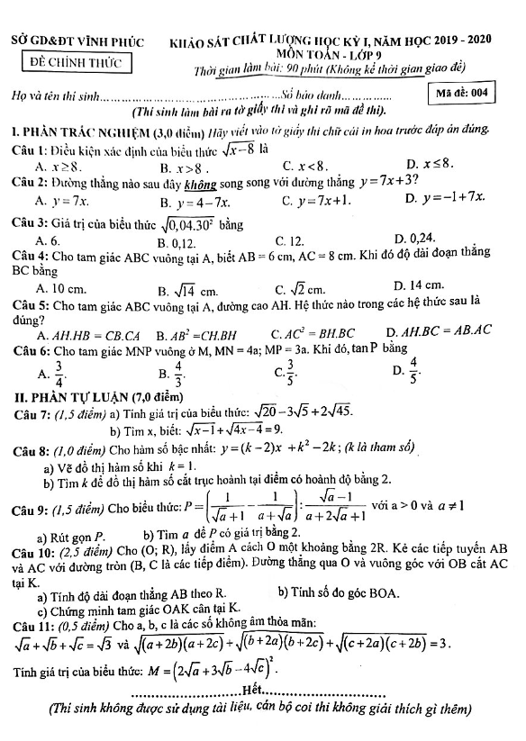Đề thi học kỳ 1 Toán 9 năm học 2019 – 2020 sở GD&ĐT Vĩnh Phúc