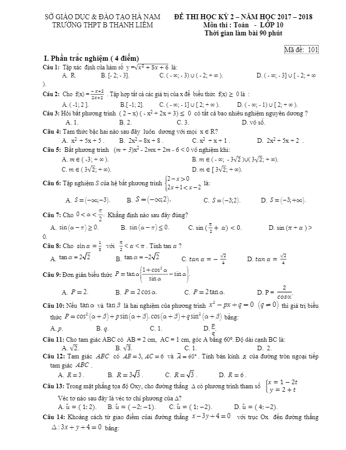 Đề thi học kỳ 2 Toán 10 năm 2017 – 2018 trường THPT B Thanh Liêm – Hà Nam