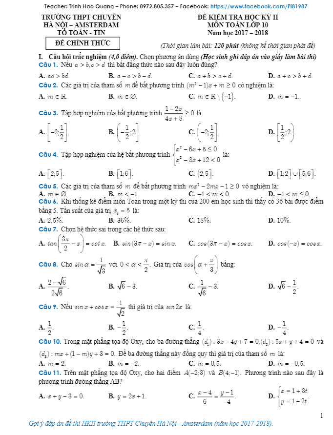 Đề thi học kỳ 2 Toán 10 năm 2017 – 2018 trường THPT chuyên Hà Nội – Amsterdam