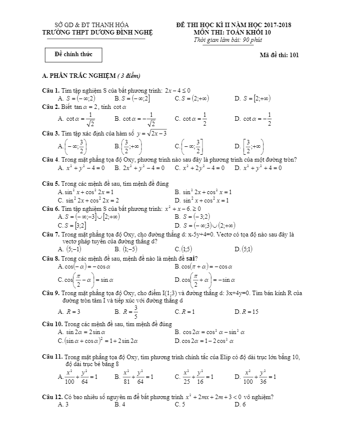 Đề thi học kỳ 2 Toán 10 năm 2017 – 2018 trường THPT Dương Đình Nghệ – Thanh Hóa