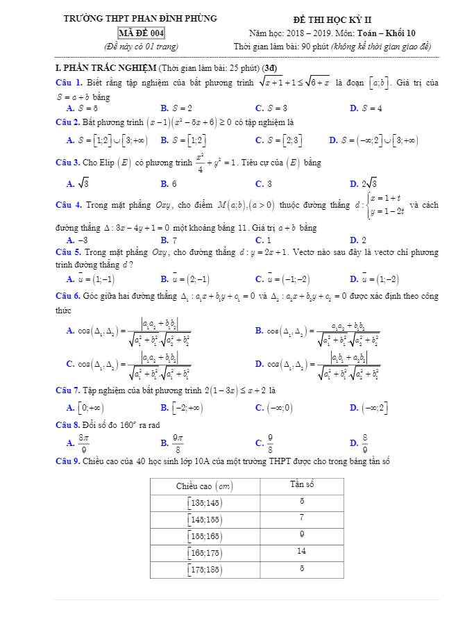 Đề thi học kỳ 2 Toán 10 năm 2018 – 2019 trường Phan Đình Phùng – Hà Nội