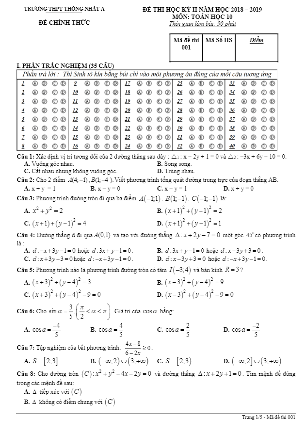 Đề thi học kỳ 2 Toán 10 năm 2018 – 2019 trường Thống Nhất A – Đồng Nai