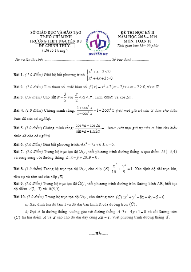 Đề thi học kỳ 2 Toán 10 năm 2018 – 2019 trường THPT Nguyễn Du – TP HCM