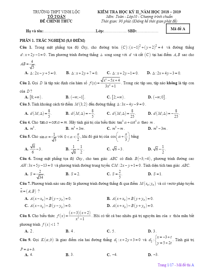 Đề thi học kỳ 2 Toán 10 năm 2018 – 2019 trường THPT Vinh Lộc – TT Huế