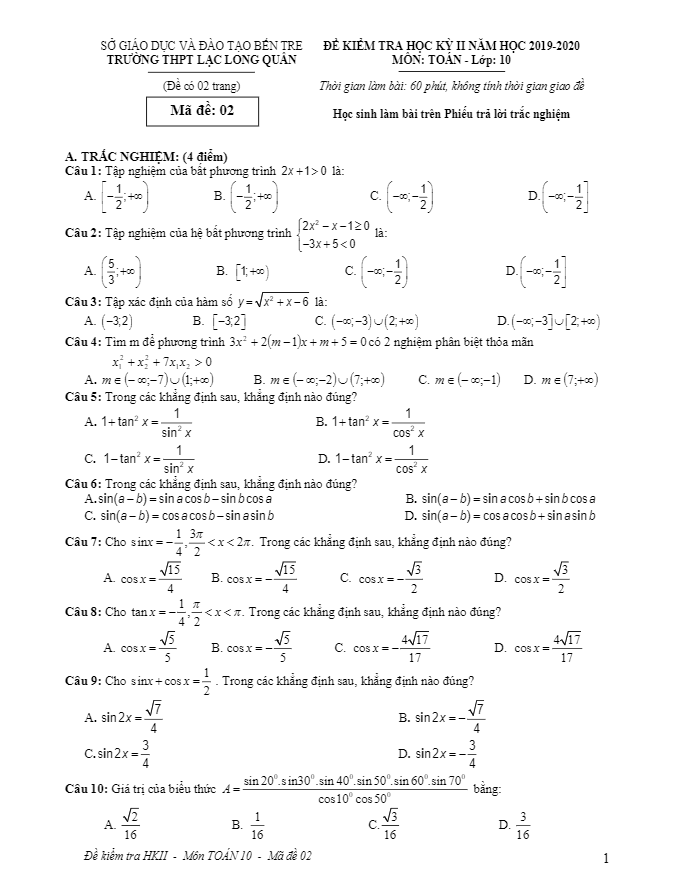 Đề thi học kỳ 2 Toán 10 năm 2019 – 2020 trường THPT Lạc Long Quân – Bến Tre
