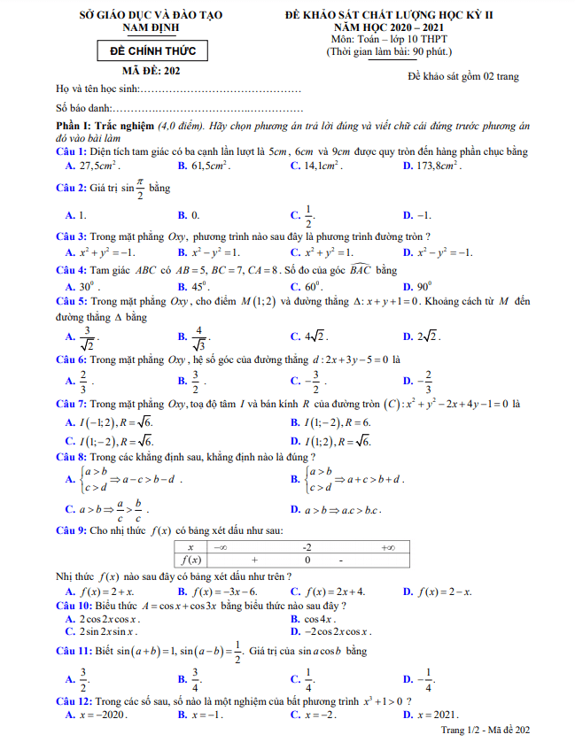 Đề thi học kỳ 2 Toán 10 năm 2020 – 2021 sở GD&ĐT Nam Định