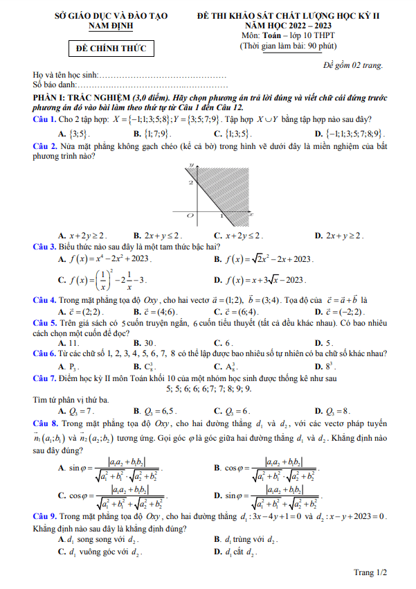 Đề thi học kỳ 2 Toán 10 năm 2022 – 2023 sở GD&ĐT Nam Định