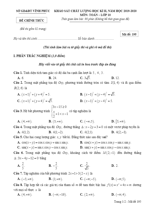 Đề thi học kỳ 2 Toán 10 năm học 2019 – 2020 sở GD&ĐT Vĩnh Phúc