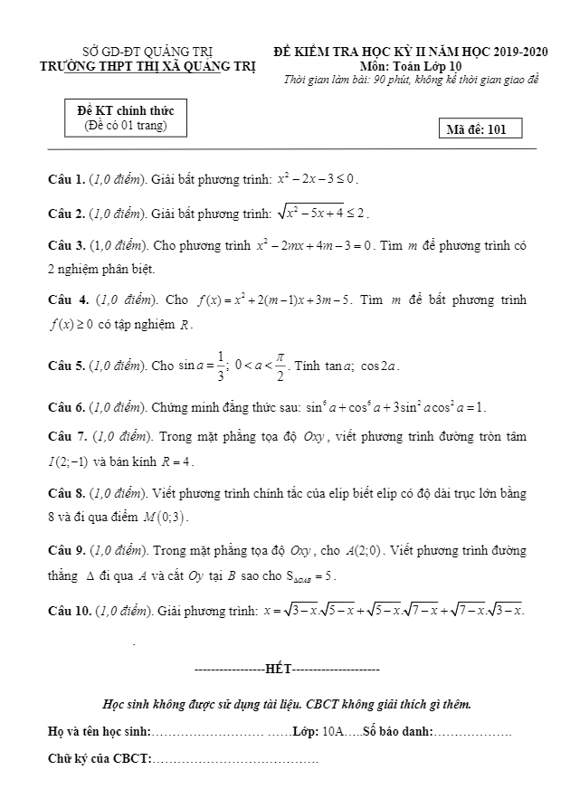 Đề thi học kỳ 2 Toán 10 năm học 2019 – 2020 trường THPT thị xã Quảng Trị
