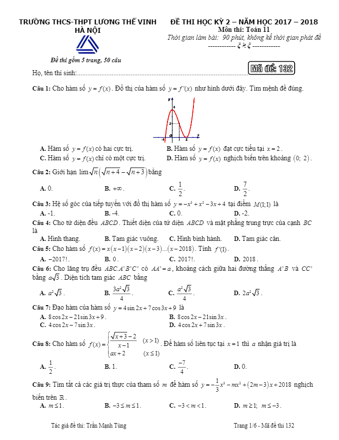 Đề thi học kỳ 2 Toán 11 năm 2017 – 2018 trường Lương Thế Vinh – Hà Nội