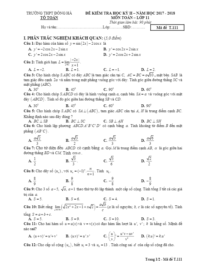 Đề thi học kỳ 2 Toán 11 năm 2017 – 2018 trường THPT Đông Hà – Quảng Trị