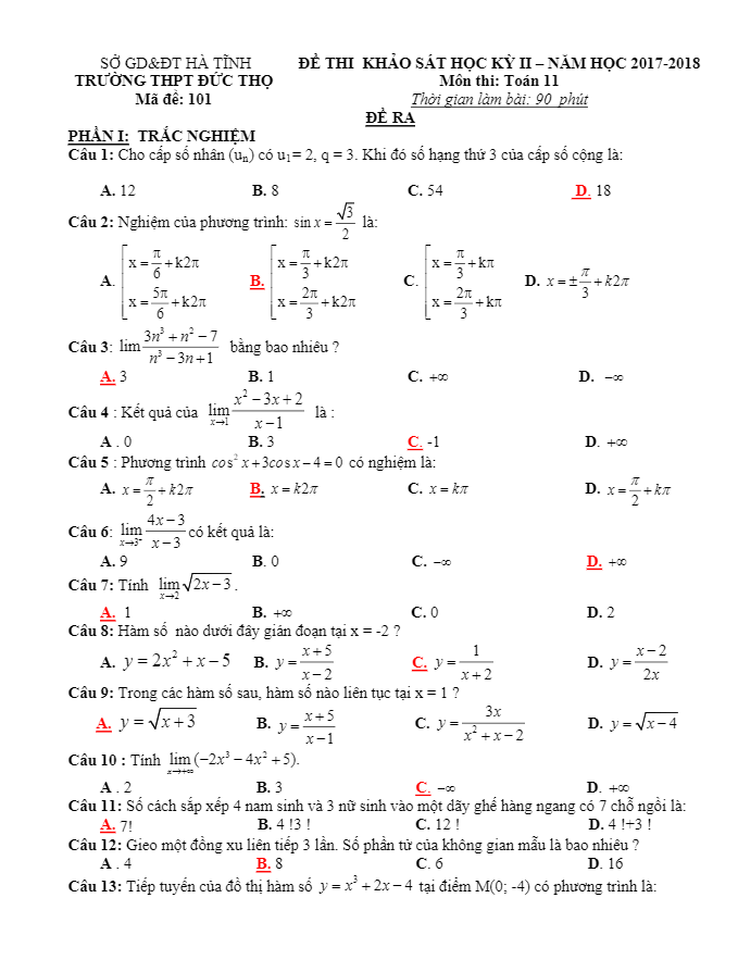 Đề thi học kỳ 2 Toán 11 năm 2017 – 2018 trường THPT Đức Thọ – Hà Tĩnh