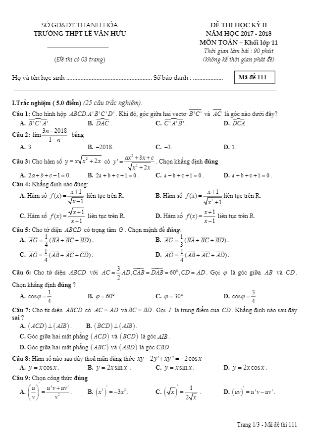 Đề thi học kỳ 2 Toán 11 năm 2017 – 2018 trường THPT Lê Văn Hưu – Thanh Hóa
