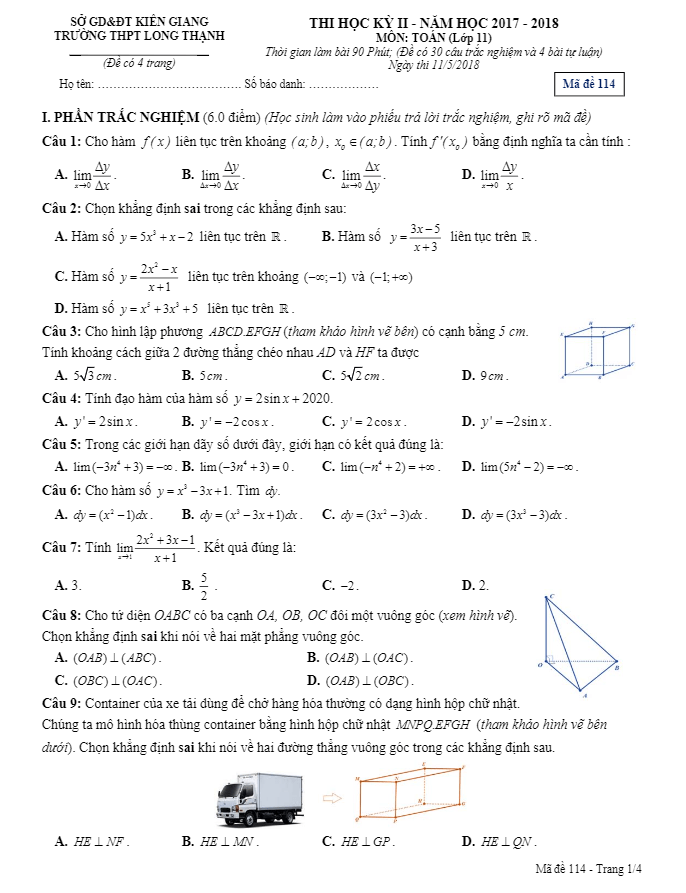 Đề thi học kỳ 2 Toán 11 năm 2017 – 2018 trường THPT Long Thạnh – Kiên Giang