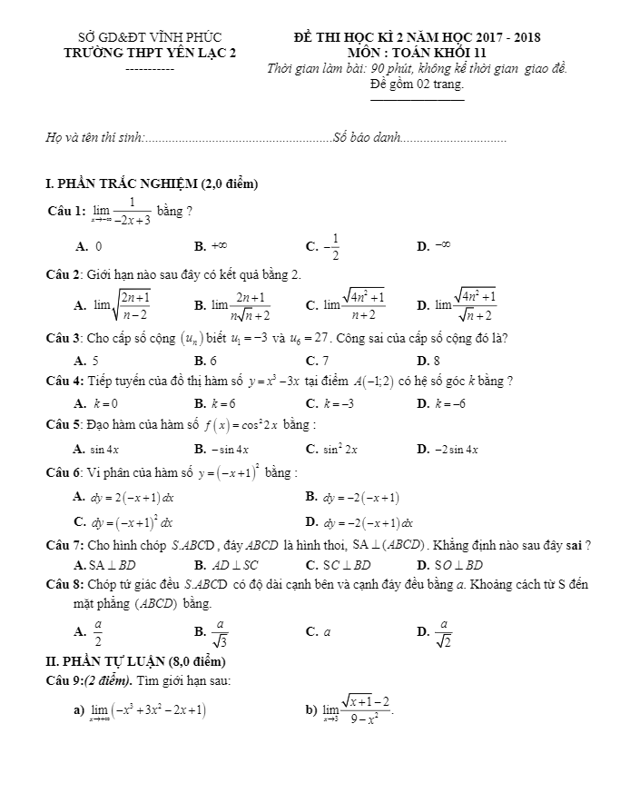Đề thi học kỳ 2 Toán 11 năm 2017 – 2018 trường THPT Yên Lạc 2 – Vĩnh Phúc