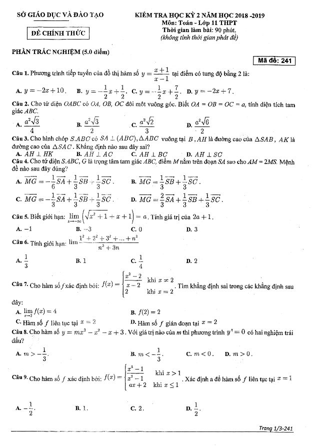 Đề thi học kỳ 2 Toán 11 năm 2018 – 2019 sở GD&ĐT Bình Dương