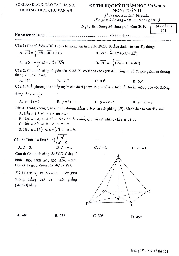 Đề thi học kỳ 2 Toán 11 năm 2018 – 2019 trường THPT Chu Văn An – Hà Nội