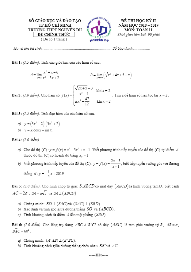 Đề thi học kỳ 2 Toán 11 năm 2018 – 2019 trường THPT Nguyễn Du – TP HCM