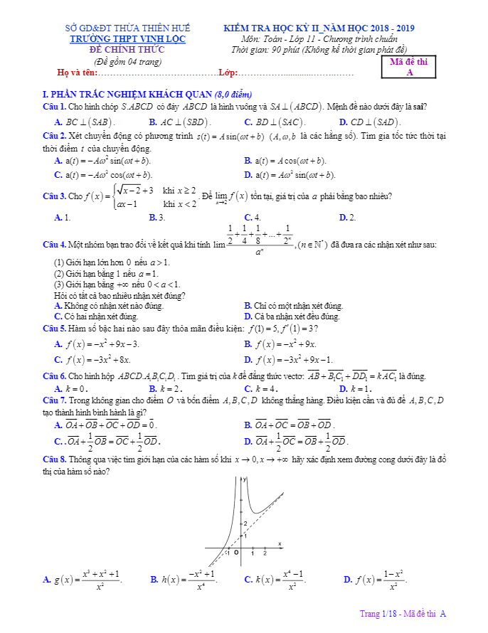 Đề thi học kỳ 2 Toán 11 năm 2018 – 2019 trường THPT Vinh Lộc – TT Huế