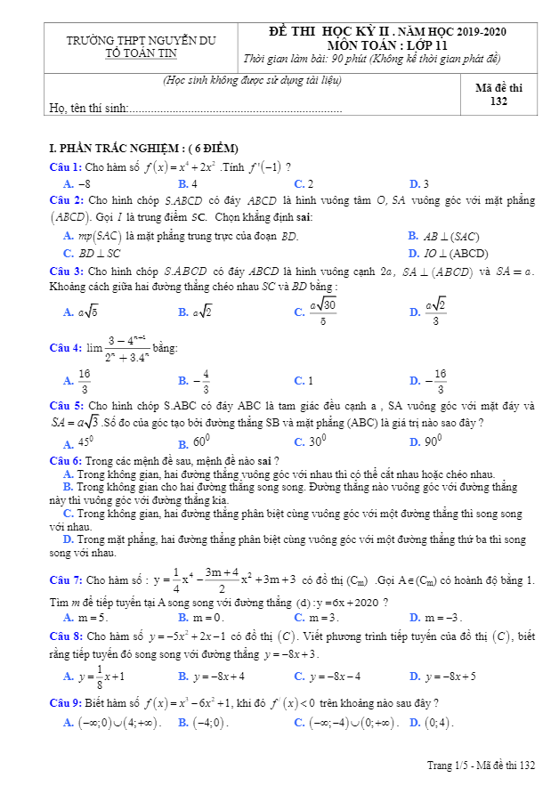 Đề thi học kỳ 2 Toán 11 năm 2019 – 2020 trường THPT Nguyễn Du – Lâm Đồng