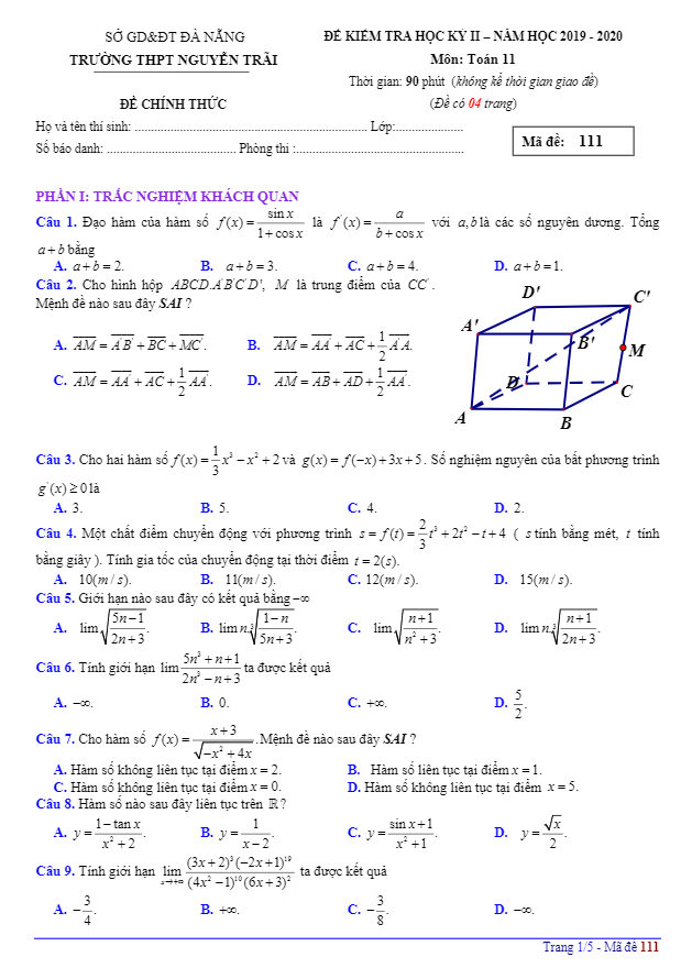 Đề thi học kỳ 2 Toán 11 năm 2019 – 2020 trường THPT Nguyễn Trãi – Đà Nẵng