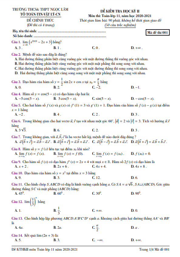 Đề thi học kỳ 2 Toán 11 năm 2020 – 2021 trường Ngọc Lâm – Đồng Nai